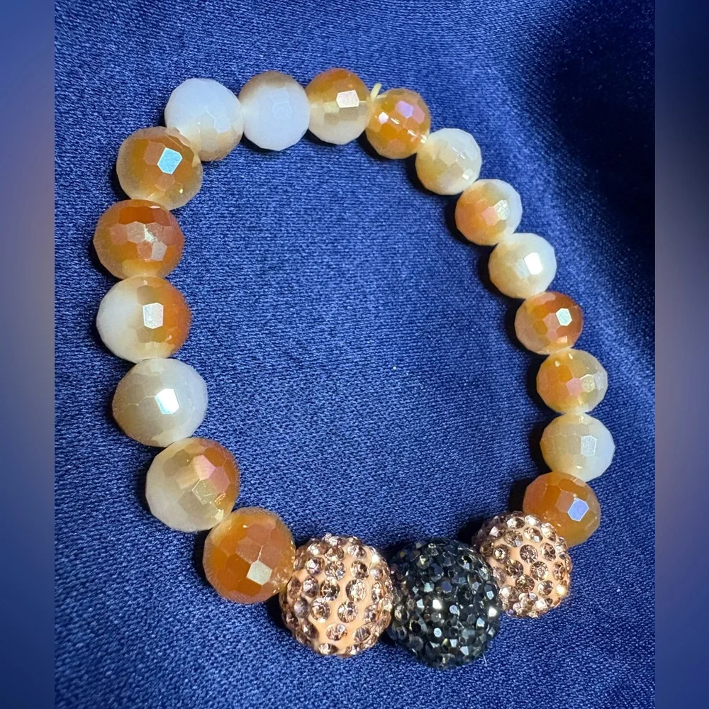 Bracelet Faceted Glass Beaded Stretch Brown Orange White Rust